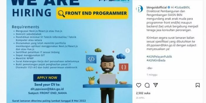 Dibuka hingga 8 Mei, BKN Buka Lowongan Kerja, Berikut Kualifikasi dan Cara Daftarnya Dibuka hingga 8 Mei, BKN Buka Lowongan Kerja, Berikut Kualifikasi dan Cara Daftarnya