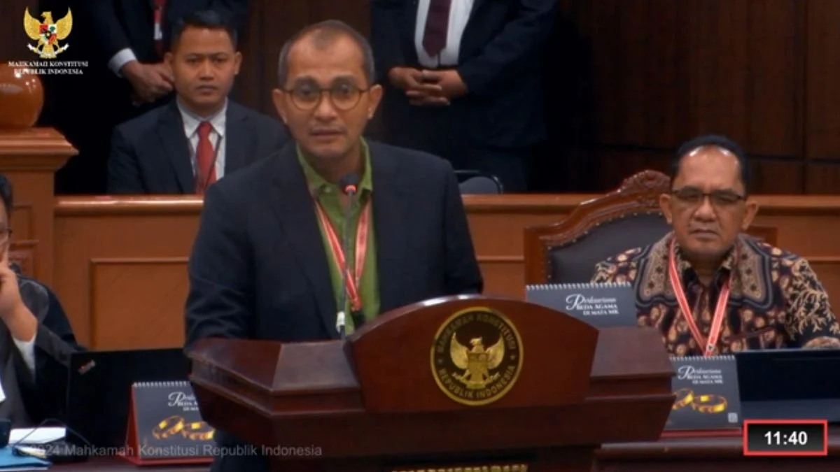 Mantan Wamenkumham yang kini menjadi ahli di tim Prabowo-Gibran dalam sidang Mahkamah Konstitusi (MK), Eddy Hi