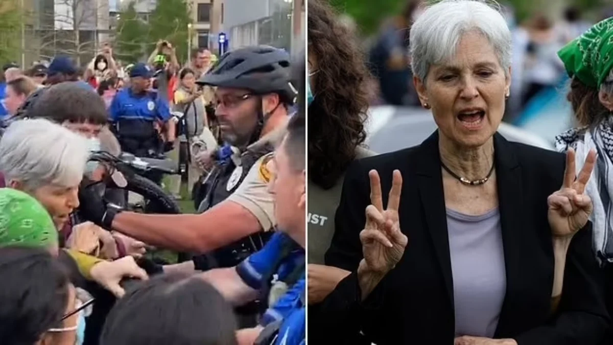 Capres Amerika Serikat Partai Hijau 2024 Ditangkap Saat Demo Bela Palestina di Universitas Washington Massa anti-Israel membentangkan spanduk bela Palestina di Universitas Washington ketika calon presiden dari Pa