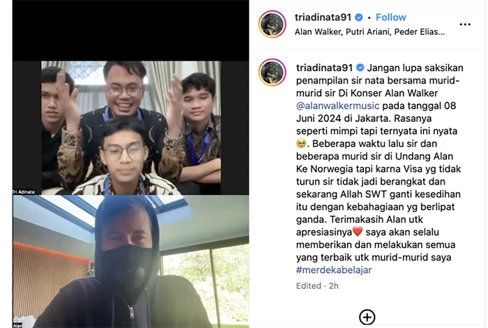 Alan Walker melakukan video call dengan Tri Adinata, guru sekolah Al-Azhar Medan, dan beberapa muridnya. (Inst