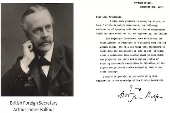 Arthur James Balfour Kirim Surat kepada Lord Walter Rothschild, Pemicu Genosida di Palestina Hingga Kini Arthur James Balfour (kiri) dan Deklarasi Balfour yang dibuatnya (kanan). (BalfourProject)