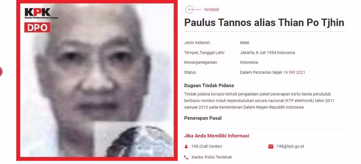 Paulus Tannos alias Thian Po Tjhin. (Dok. Tangkapan layar di laman KPK)