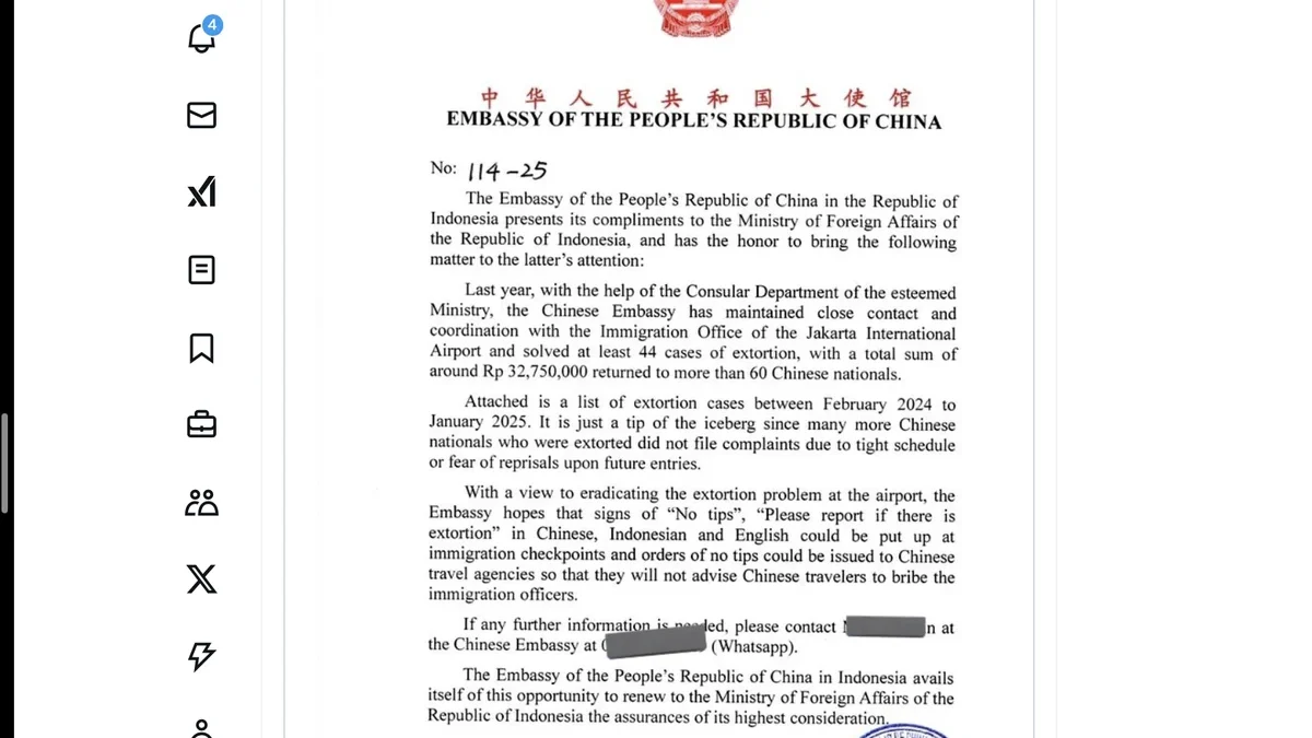 Tangkapan layar surat Kedubes China untuk Indonesia terkait kasus WNA China yang diperas petugas imigrasi Band