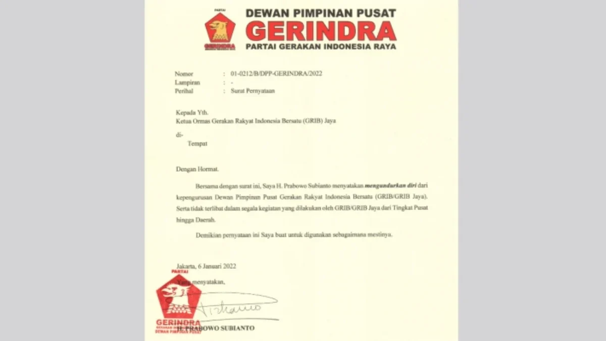Ramai di Media Sosial, Prabowo Subianto Bukan Bagian dari GRIB Jaya, Mundur Sejak Januari 2022 Surat pengunduran diri Prabowo Subianto dari GRIB Jaya/Net