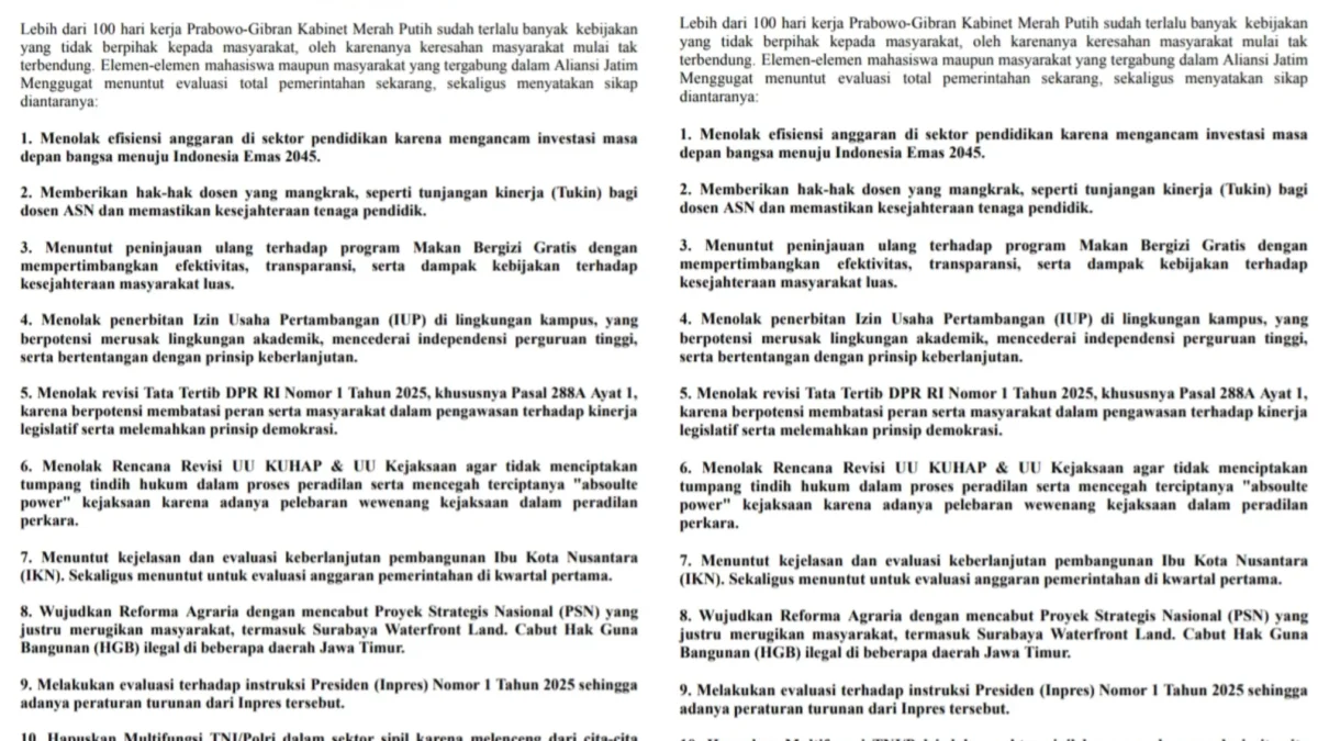 10 tuntutan mahasiswa dalam rangka 100 hari kerja Presiden Prabowo Subianto dan Wakil Presiden Gibran Rakabumi