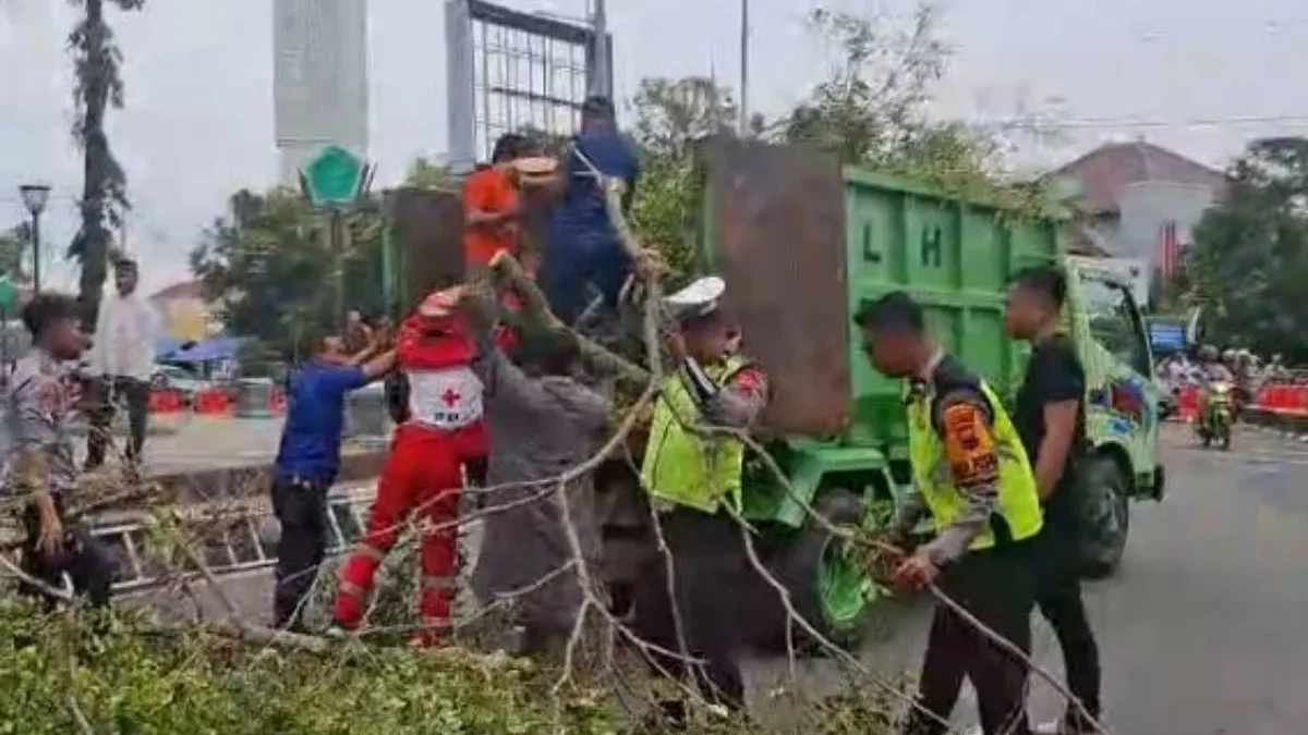 Petugas membersihkan jalan dari sisa batang pohon yang tumbang saat akan digelar Shalat Idul Fitri di Alun-Alu