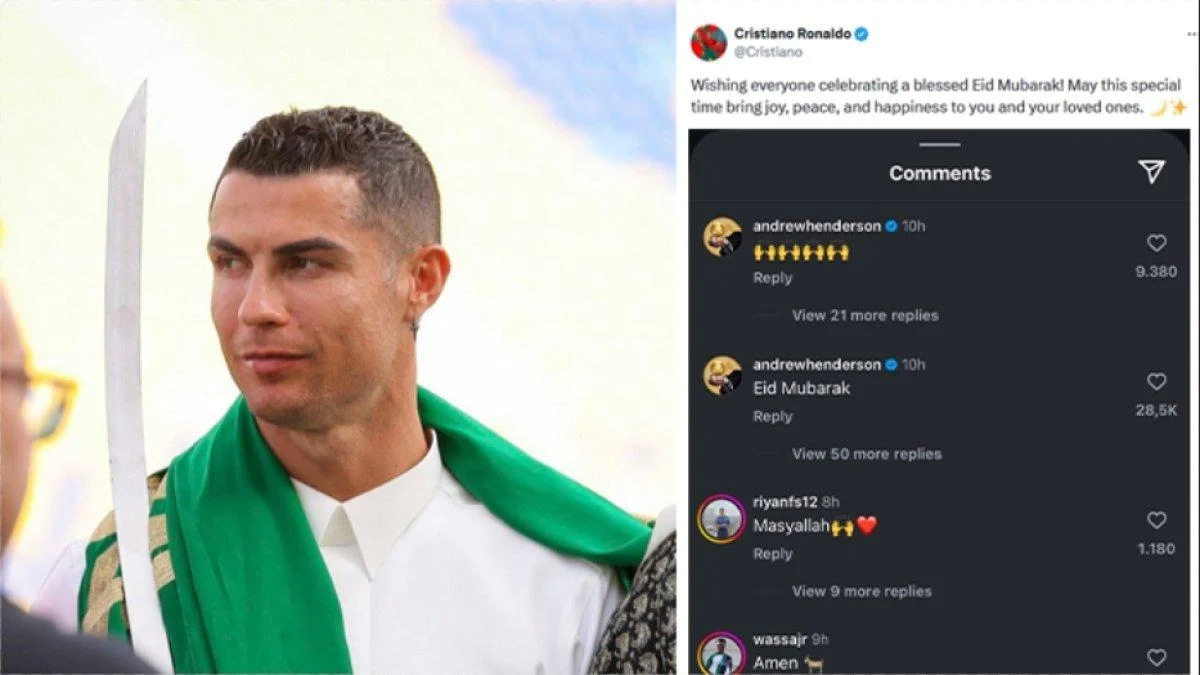 Cristiano Ronaldo mengunggah ucapan selamat Idul Fitri disertai foto dirinya saat mengenakan gamis dan memegan