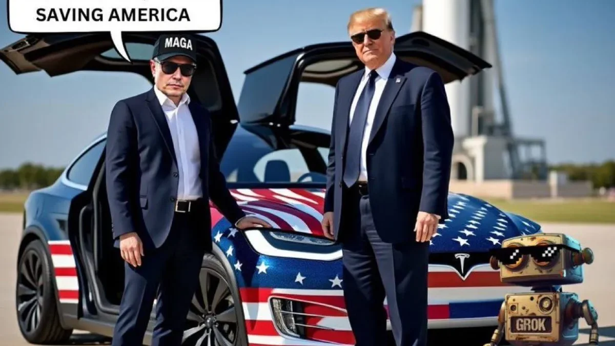 Ilustrasi - Poster kampanye dukungan CEO Tesla Elon Musk terhadap Presiden Terpilih Amerika Serikat Donald Tru