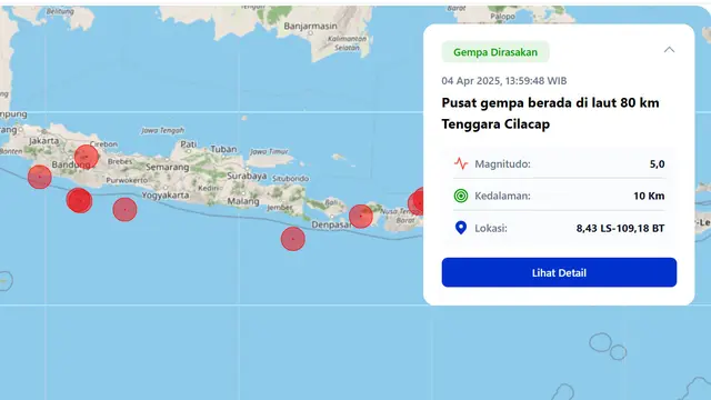 Gempa M5 Guncang Cilacap Terasa di Kebumen, Purworejo, Yogyakarta hingga Pacitan, Ini Pemicunya Gempa Cilacap pada 4 April 2025. (Foto: BMKG)