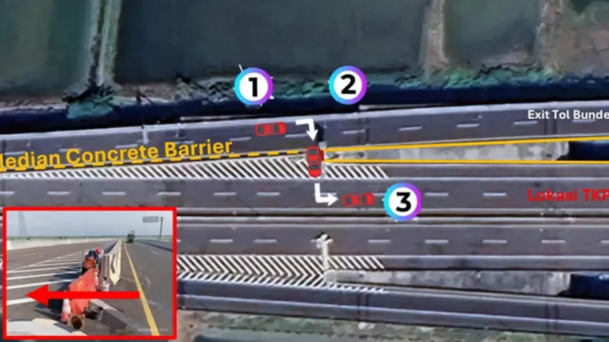 Celah jalan akses Tol Krian-Gresik yang dilewati mobil BMW nopol P 805 INI berujung terjun bebas. (Foto: Wask