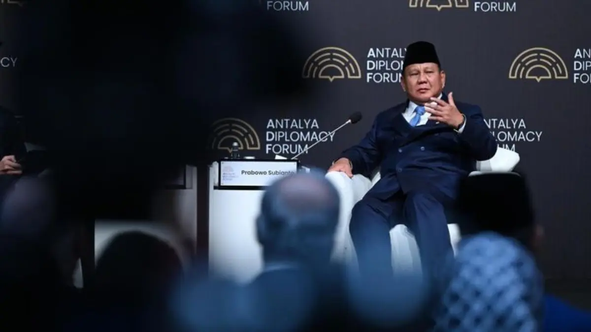 Presiden Prabowo Subianto saat menjadi pembicara dalam Antalya Diplomacy Forum (ADF) talk di Nest Convention C