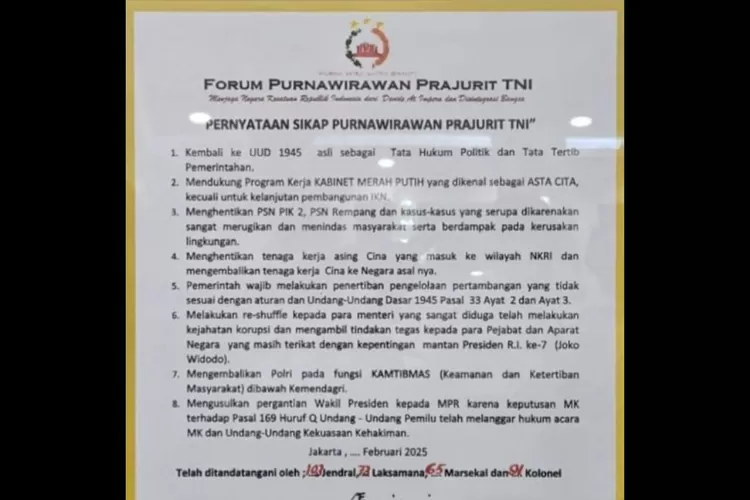 Forum Purnawirawan TNI secara resmi menyampaikan pernyataan sikap yang berisi delapan poin penting