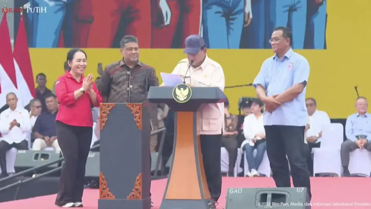 Presiden Prabowo Hadiri Peringatan Hari Buruh Internasional, Monas, 1 Mei 2025. (Tangkapan layar YouTube Setpr