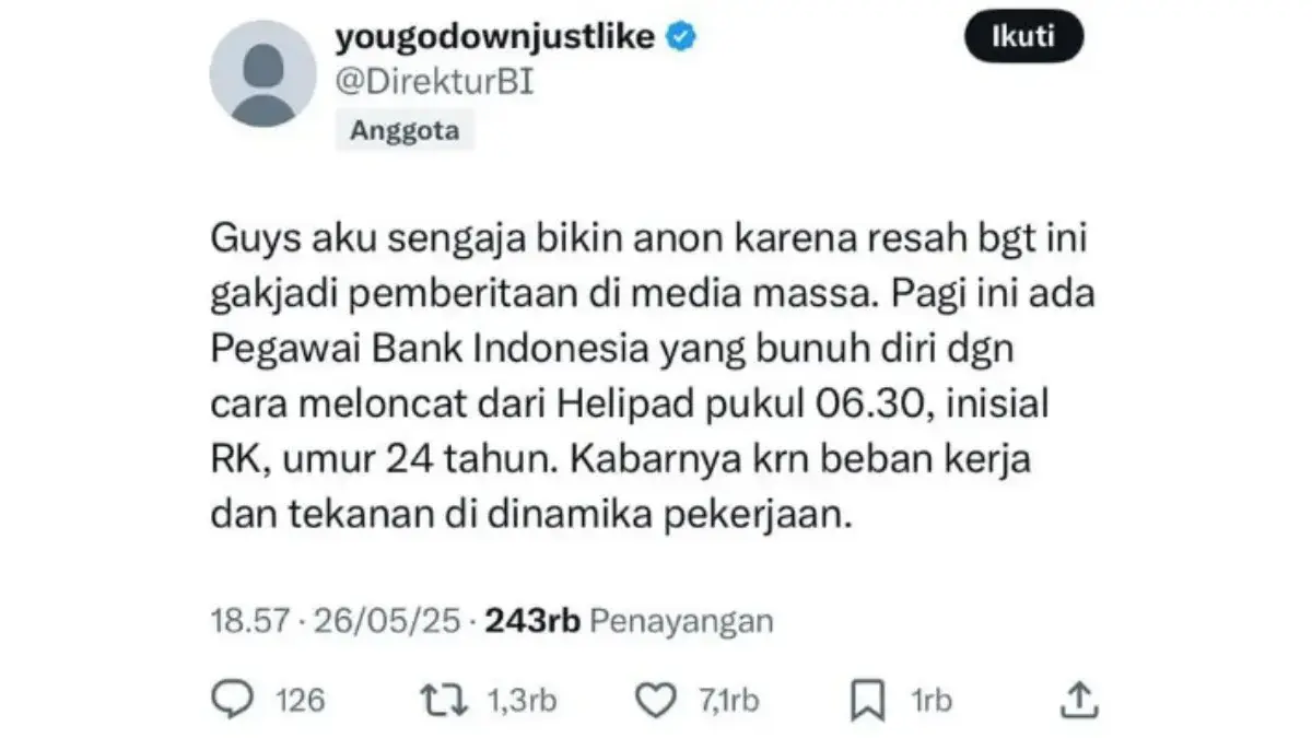 Akun yang mengabarkan dugaan bunuh diri pegawai BI/tangkapan layar