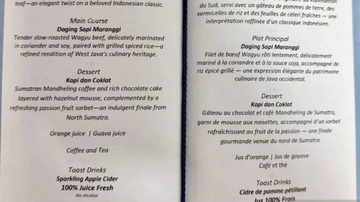 Daftar menu makanan dan minuman yang disajikan saat jamuan makan malam untuk Presiden Prancis Emmanuel Macron