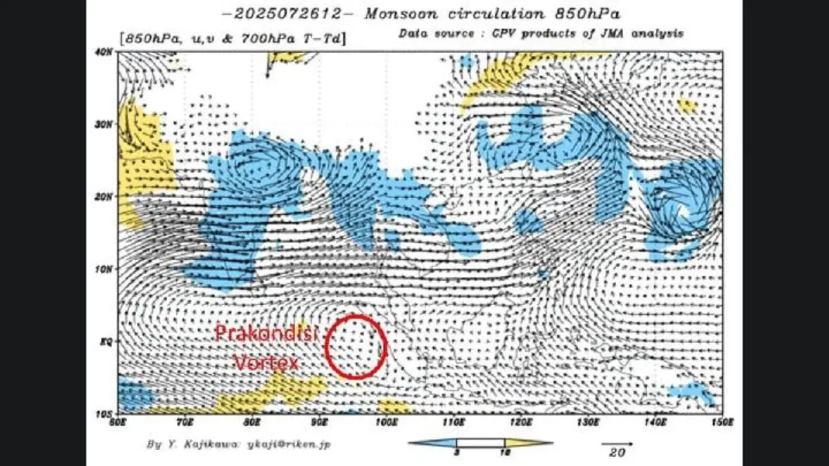 Prakondisi bibit pusaran badai atau vorteks di sekitar wilayah tengah Sumatra yang terpantau oleh BRIN pada 26