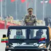 Pemimpin junta Myanmar, Jenderal Senior Min Aung Hlaing saat menghadiri parade militer memperingati 78 tahun a