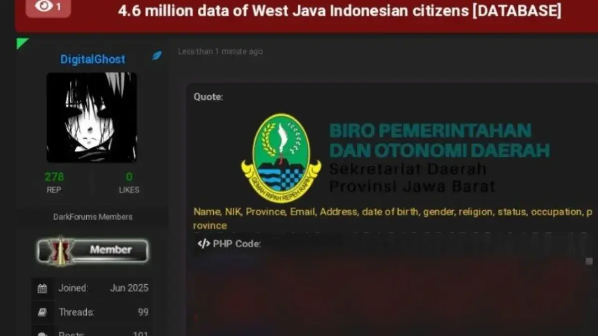 DigitalGhostt klaim bobol data pribadi warga Jabar di DarkWeb. (Foto: Akun X DigitalGhostt