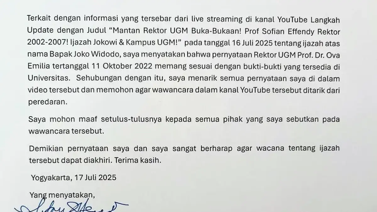 Pernyataan Mantan Rektor UGM 2002-2007, Sofian Effendi