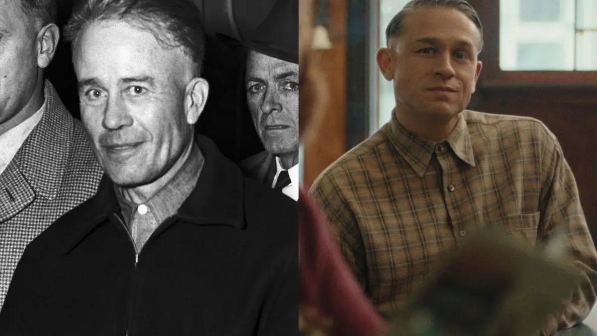 Ed Gein dan Charlie Hunnam sebagai Ed Gein dalam film The Ed Gein Story. (Bettmann Archive and Netflix)