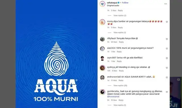 Akun Instagram Aqua diserbu warganet yang kecewa karena air yang dihasilkan berasal dari sumur bor. (Foto: tan