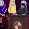 Presiden Prabowo saat orasi ilmiah di sidang senat terbuka UKRI, Sabtu (18/10/2025). (Muchlis Jr/Biro Pers Sek