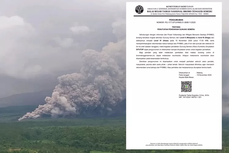 Kolase Gunung Semeru meletus dan pengumuman penutupan pendakian Ranu Kumbolo. (PVMBG-BBTNBTS)