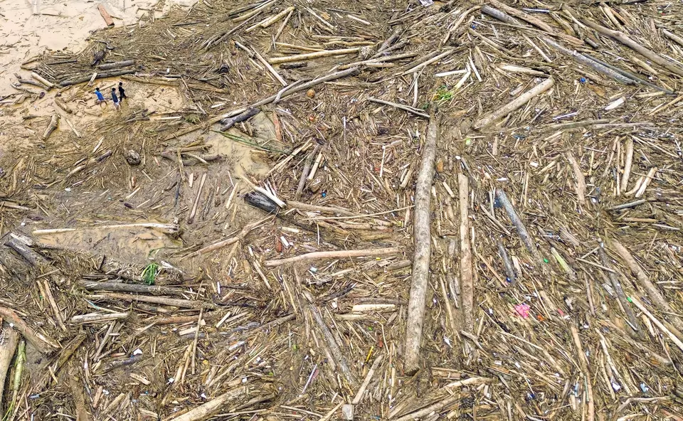 Foto udara sejumlah warga berjalan di antara potongan kayu gelondongan yang bertumpuk di pantai Air Tawar, Pad