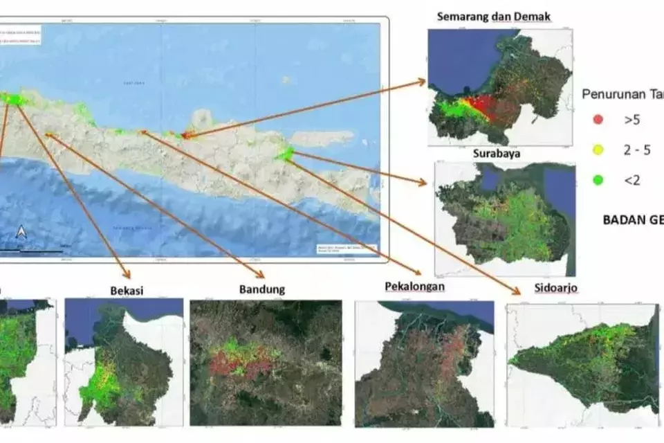Badan Geologi mencatat sejumlah kota besar di Pulau Jawa mengalami penurunan muka tanah (land subsidence) deng