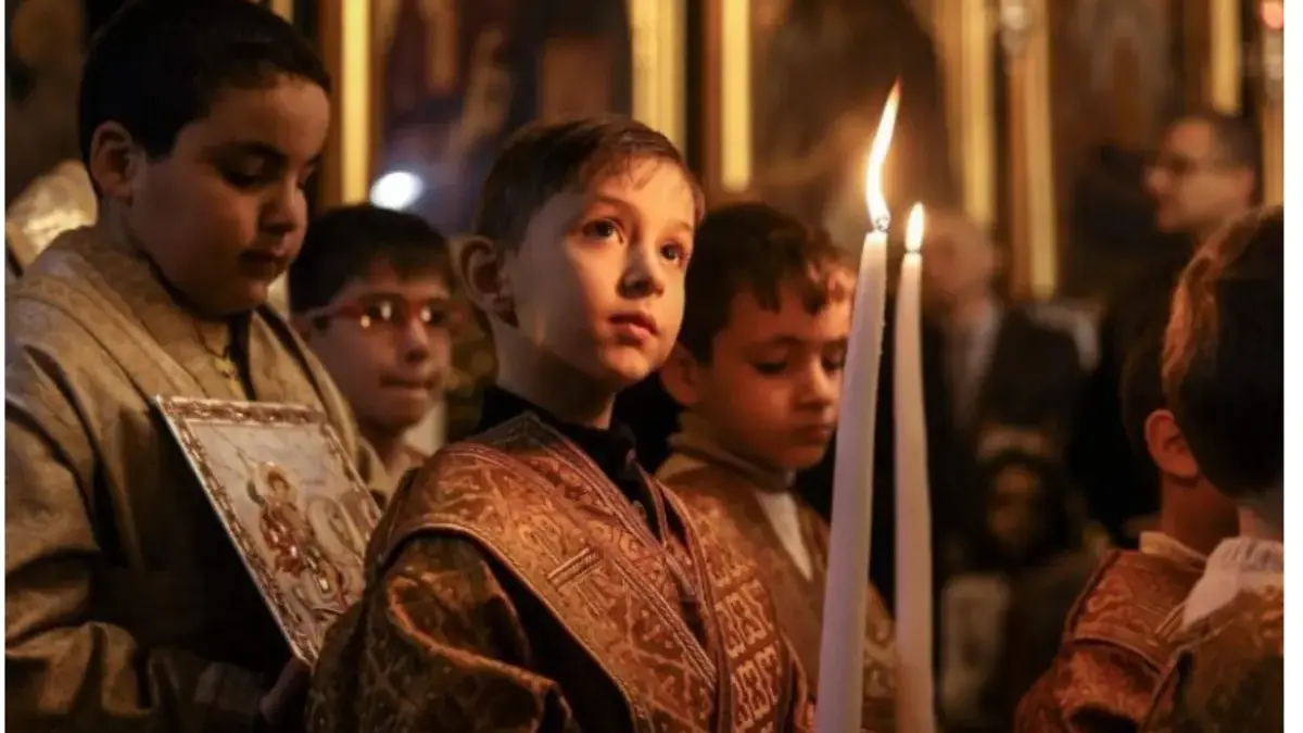 Dokumen Kairos Palestina Titik Balik Moral dan Teologis di Masa Genosida Gaza Anak-anak di Misa Natal Ortodoks di Gereja Saint Porphyrius di Kota Gaza pada 7 Januari 2023. (Mahmud Hams/AFP