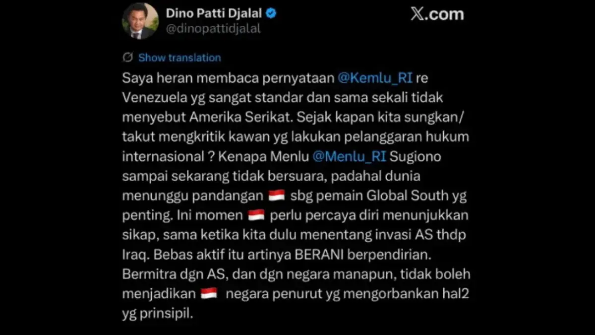 Dino Patti Djalal Kritik Tajam Kemlu dan Sugiono Terkait Venezuela: Sama Sekali Tak Sebut Amerika Serikat Cuitan Dino Patti Djalal di platform X. (Tangkapan layar)