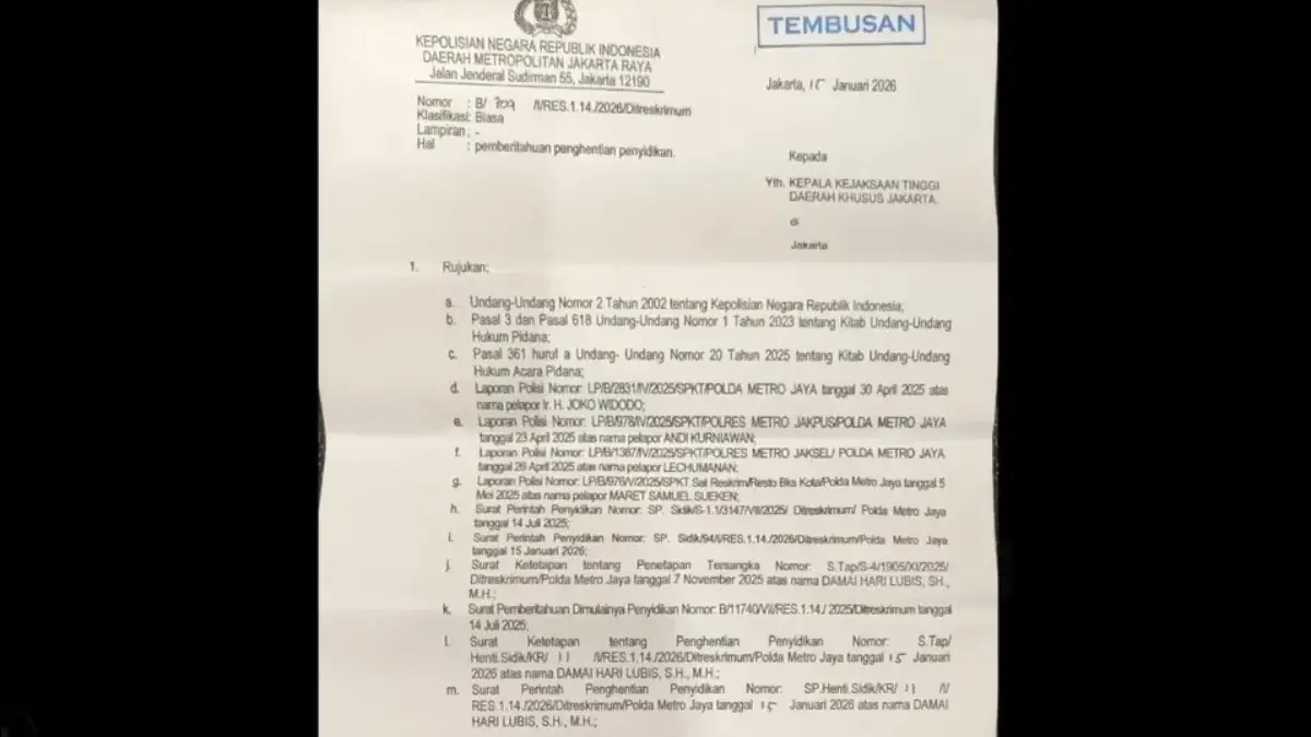 Polda Metro Jaya menerbitkan surat perintah penghentian penyidikan (SP3) dalam perkara dugaan pencemaran nama