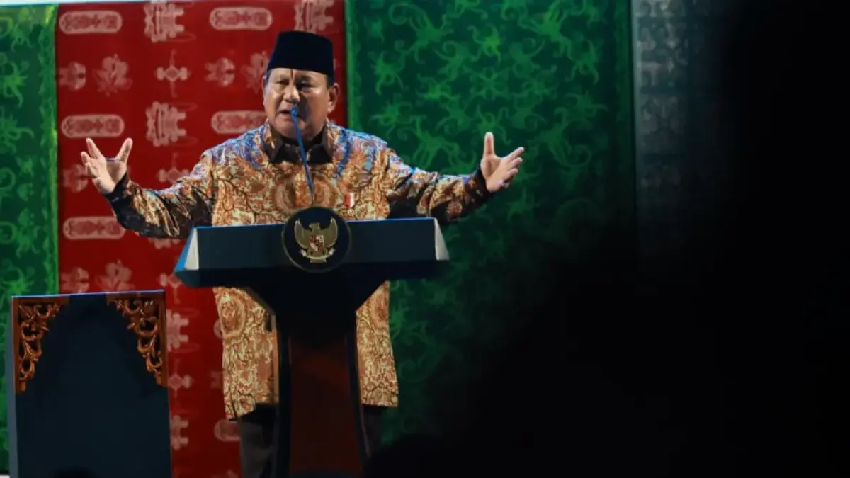 Presiden Prabowo Subianto saat memberi sambutan di Perayaan Natal Nasional 2025 di Tennis Indoor Stadium Senay
