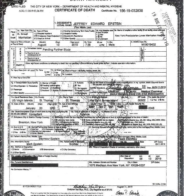 Surat keterangan kematian Jeffrey Epstein (DOJ)