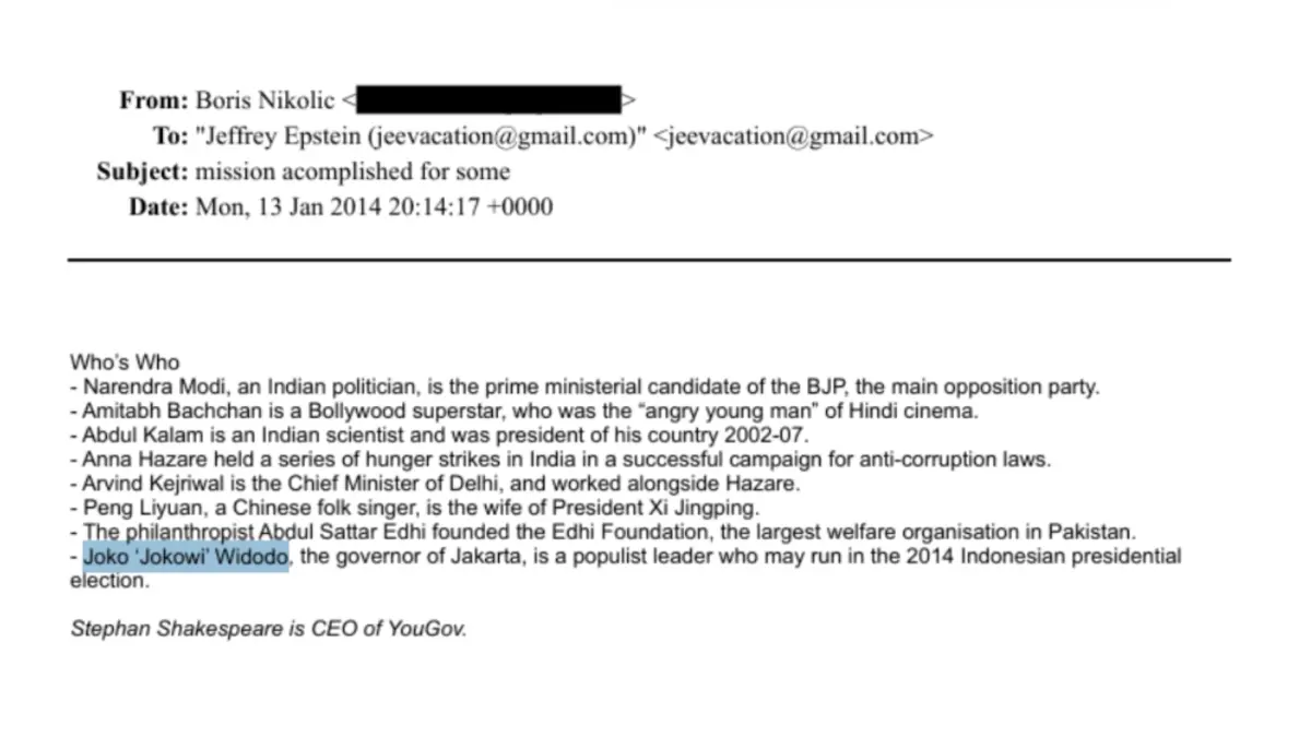 Nama Jokowi muncul dalam dokumen Epstein yang dibuka JOC. (tangkapan layar)