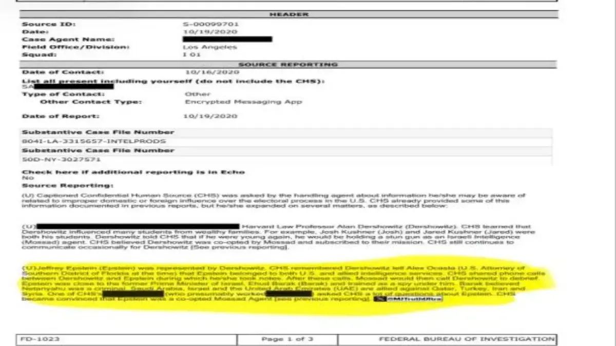 Dokumen FBI yang menguatkan dugaan Jeffrey Epstein adalah anggota Mossad. - (FBI)
