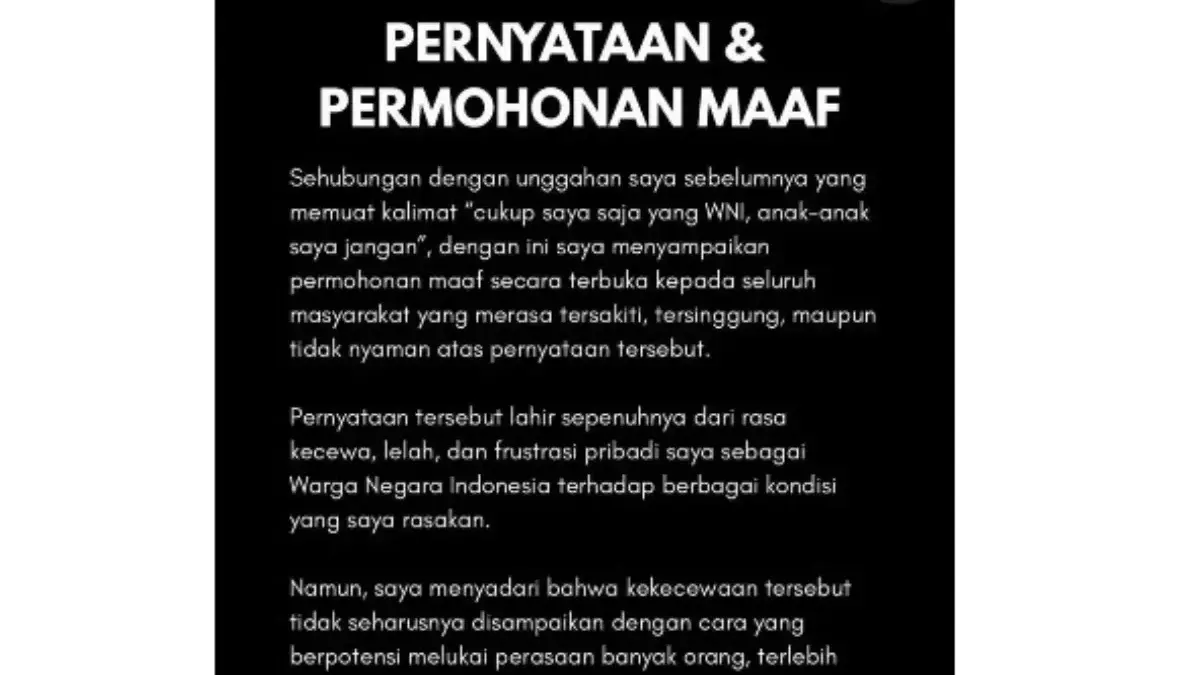 Unggahan permohonan maaf Dwi Sasetyaningtyas di Instagram. (Instagram: @Sasetyaningtyas)