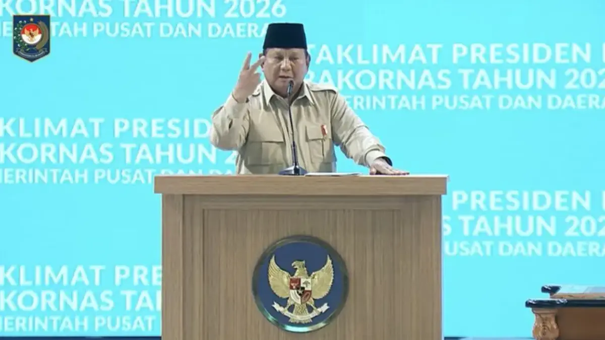 Presiden Prabowo Subianto saat menyampaikan paparan dalam Rakornas Pemerintah Pusat dan Daerah Tahun 2026, Sen