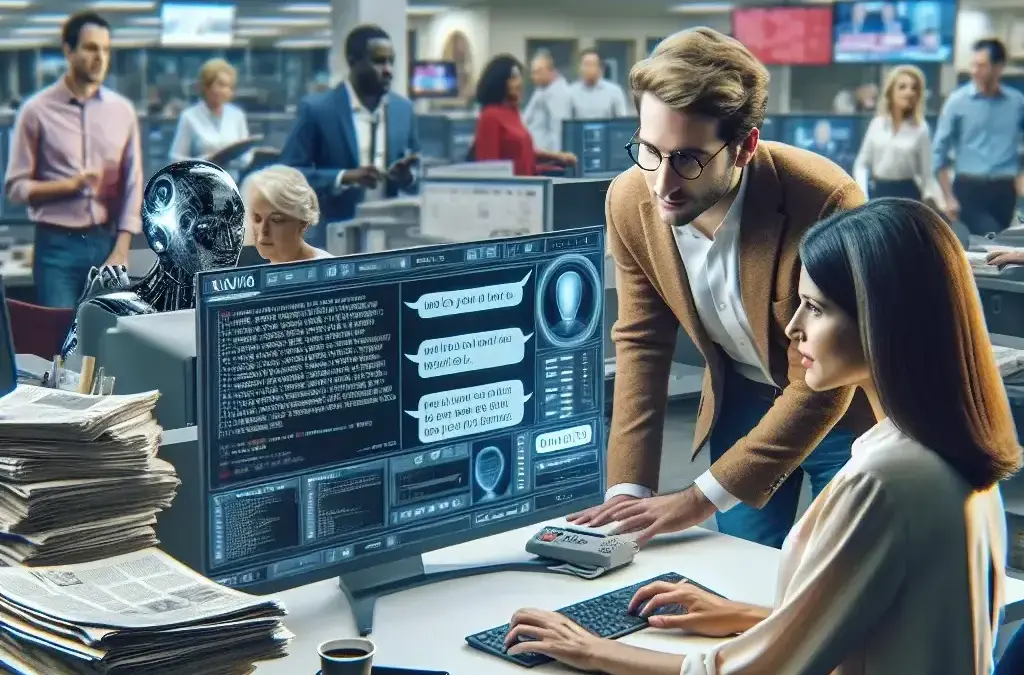 Gambar stok yang dihasilkan AI menunjukkan jurnalis dan robot AI di ruang redaksi. (Shutterstock AI)