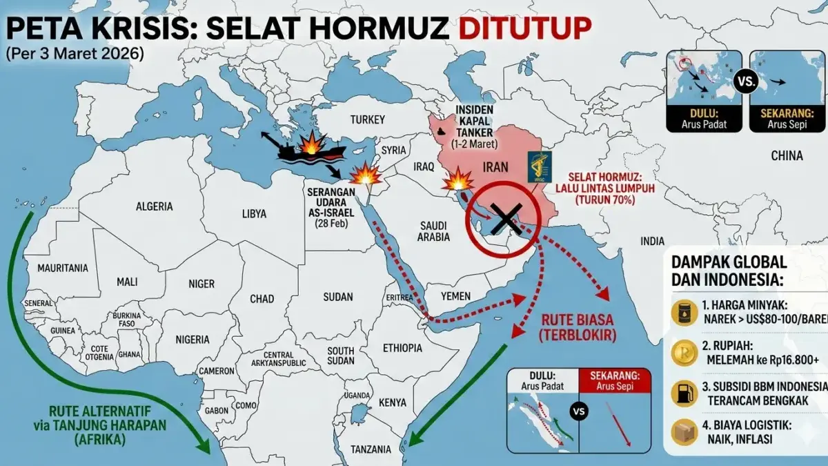 Selat Hormuz Tutup Total IRGC Ancam Kapal yang Melintas, Harga Minyak Melonjak Rantai Pasok Global Terimbas Infografis
