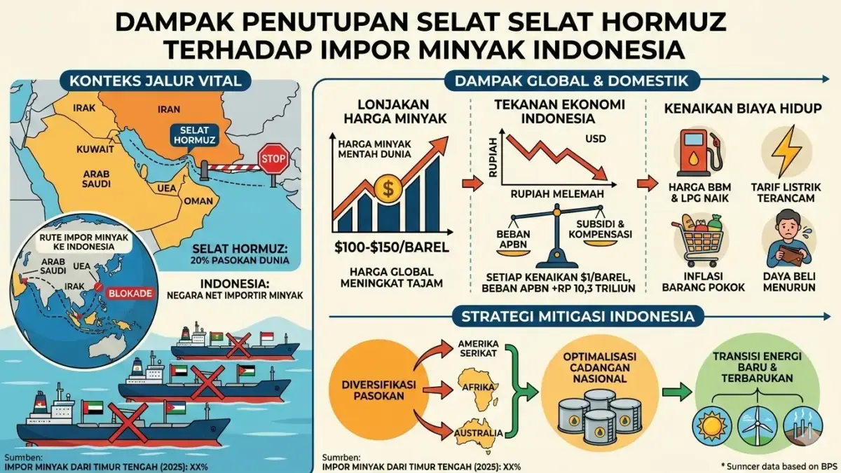 Selat Hormuz Tutup Bikin Cemas Ketahanan Pasokan Energi Global, Berapa Impor Minyak Indonesia yang Terimbas? Ilustrasi: AI