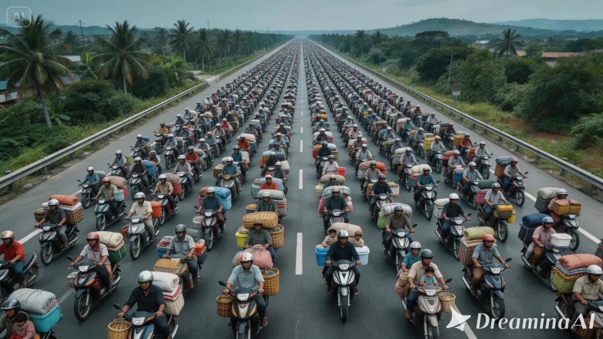 Peringatan Keras Polisi: Pemudik Motor Tak Bawa Barang Bawaan Berlebih, Berboncengan Lebih dari 2 Orang Ilustrasi: Fenomena pemudik motor (Dreamina AI)