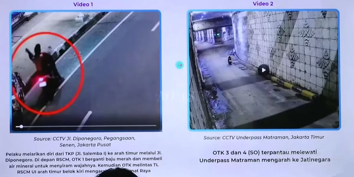 Pergerakan pelaku penyiraman air keras terekam CCTV saat berhent di Jl Diponegoro dan underpass Matraman. (Tan