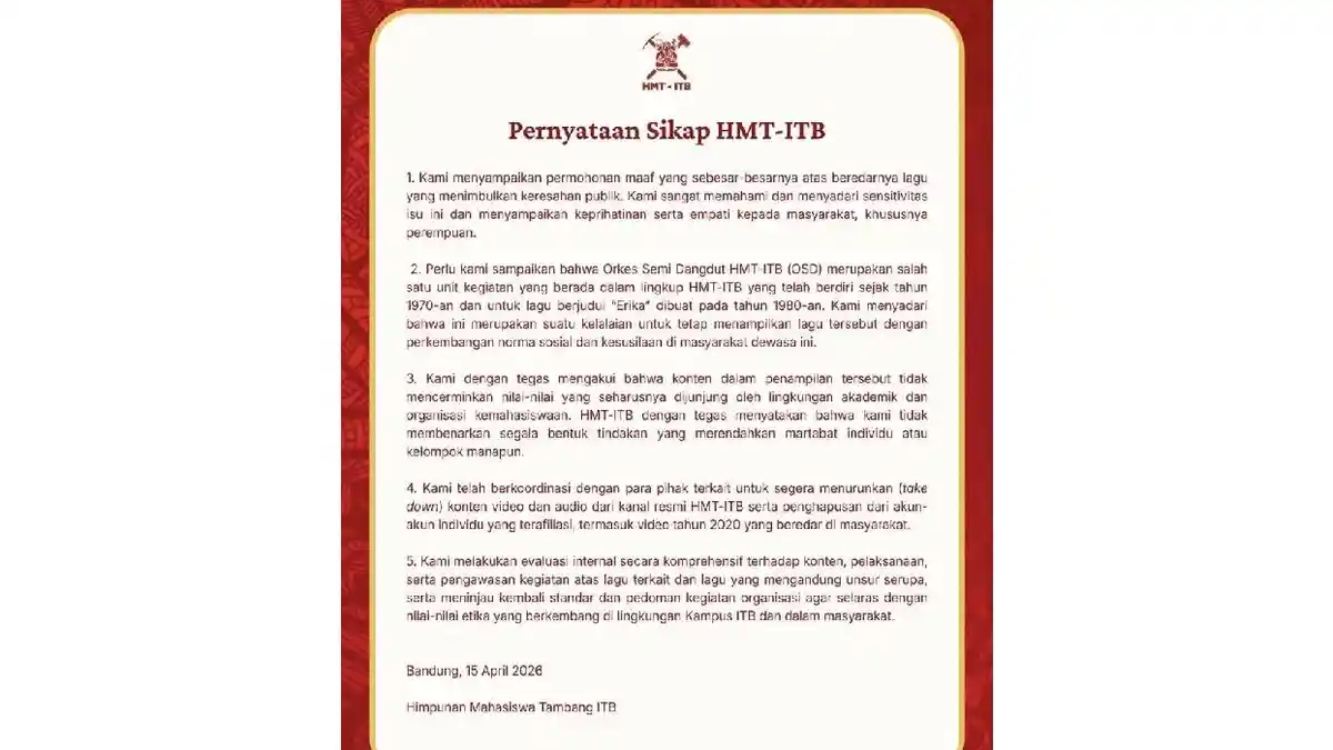 Liriknya Ada Unsur Lecehkan Perempuan, HMT-ITB Minta Maaf Atas Lagu 'Erika' yang Viral di Medsos Pernyataan Sikap HMT-ITB