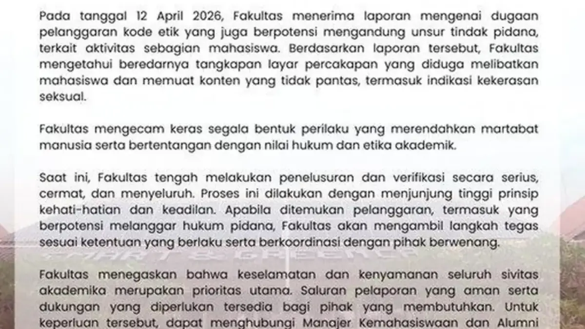 16 Mahasiswa Fakultas Hukum UI Diduga Melakukan Kekerasan Seksual Pernyataan fakultas hukum Universitas Indonesia/ Foto: x.com/HukumUI