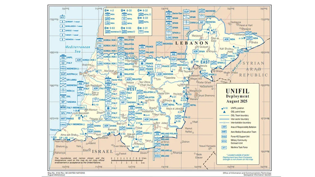 Gambar peta sebaran pasukan UNIFIL lebanon. (https://digitallibrary.un.org/)