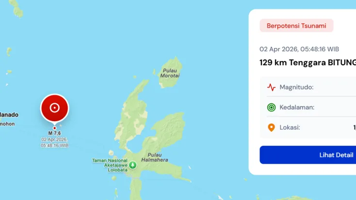 Tangkapan layar gempa di Bitung dengan magnitudo 7,6 pada 2 April 2026 (www.bmkg.go.id)