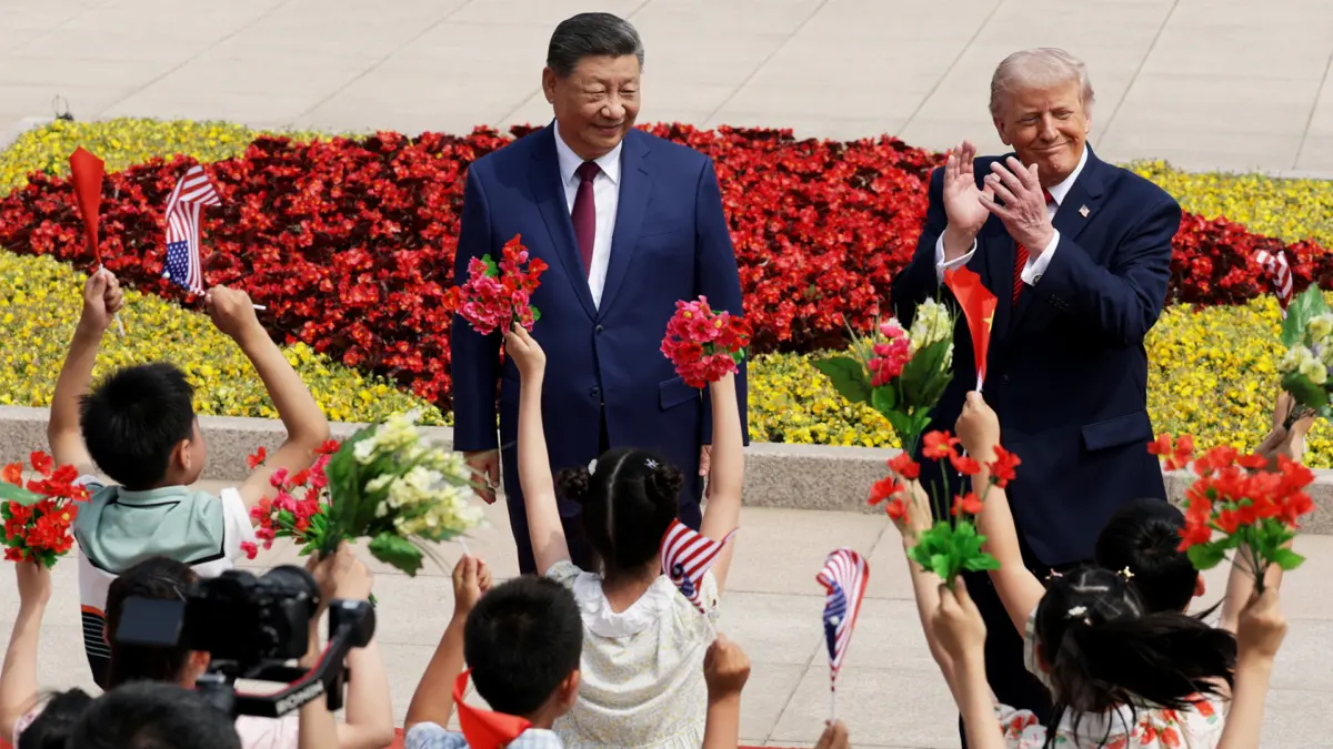 Presiden Donald Trump dan Presiden Tiongkok Xi Jinping menghadiri upacara penyambutan di Balai Besar Rakyat pa
