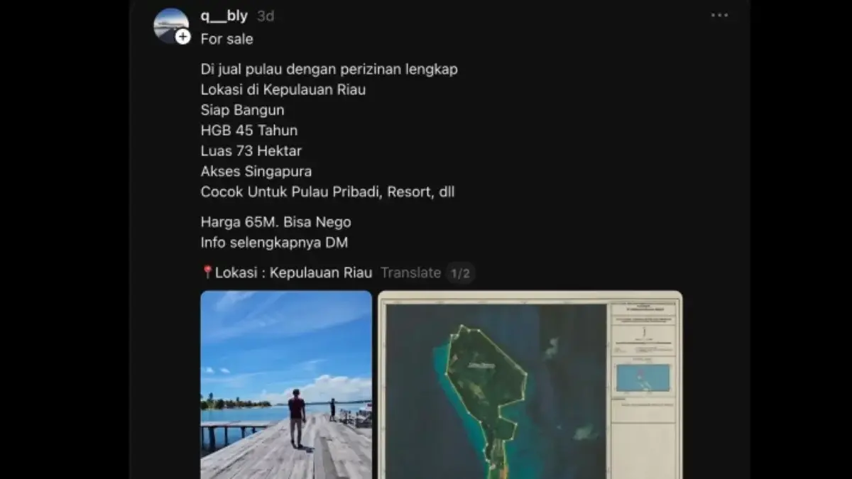 Unggakan akun Threads berisi informasi penjualan Pulau Katang, Kepri. (Foto: tangkapan layar)