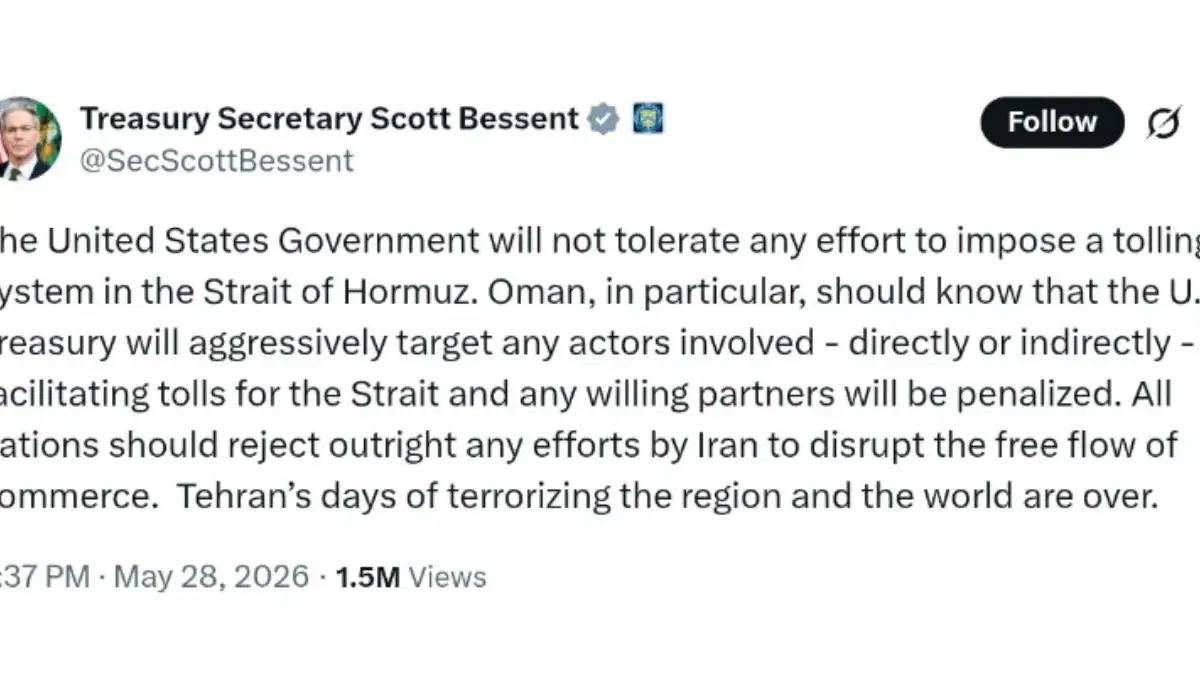 Menteri Keuangan AS Scott Bessent ancam Oman terkait Selat Hormuz (Akun X @SecScottBessent)